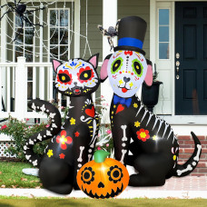 JOYEASE 5 Ft Halloween Inflatables Outdoor Skeleton Cat & Dog with Pumpkin Decoration for Halloween Party Indoor Outdoor Garden Yard Decor